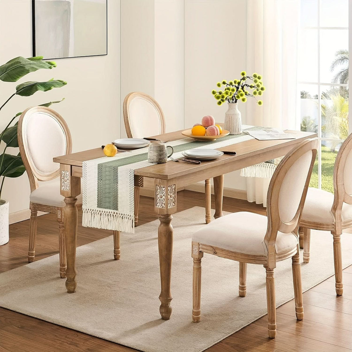 CasaLoom Chemin de table en macramé vert sauge — motif rayé tissé avec bords à pompons