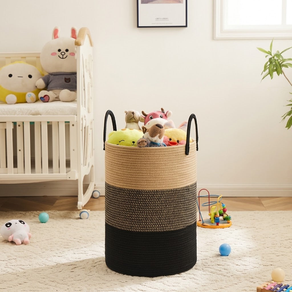 Panier à linge en corde de coton de 58 L — Ø38 × 50cm, poignées de transport renforcées