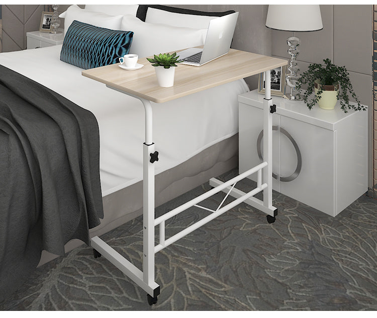 Mobile Laptop Desk On Wheels Height Adjustable With White Steel Frame And Wood Top