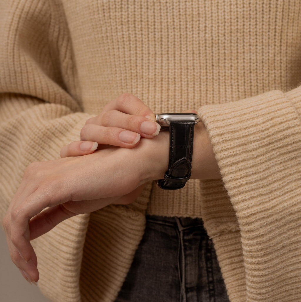 Apple Watch-sort læderrem — krokodillemønster