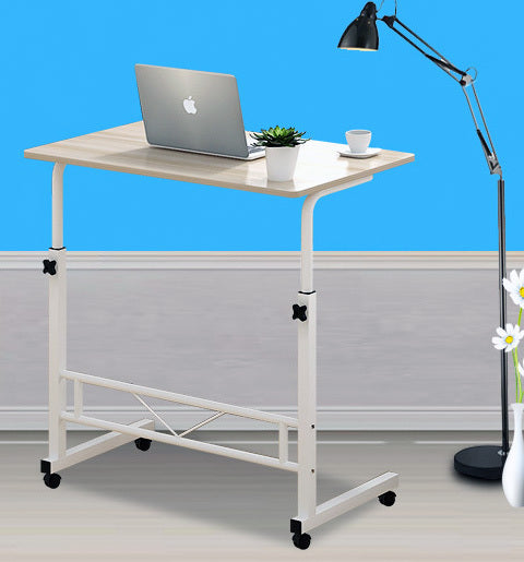 Mobile Laptop Desk On Wheels Height Adjustable With White Steel Frame And Wood Top