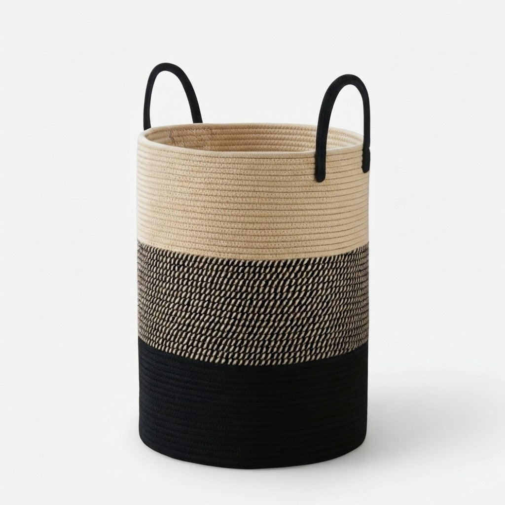 Panier à linge en corde de coton de 58 L — Ø38 × 50cm, poignées de transport renforcées