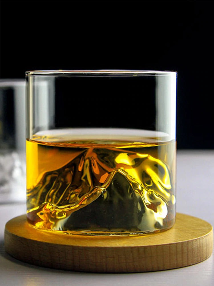 Set di due bicchieri da whiskey con rilievo montano in scatola di legno, 200 ml, design giapponese