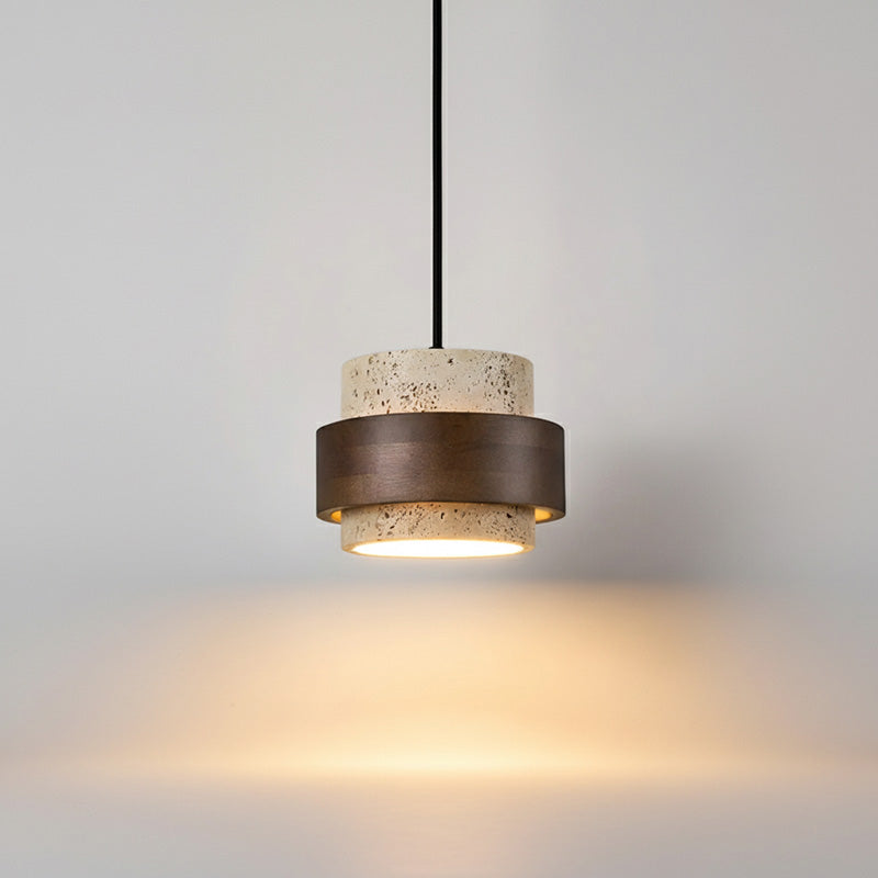Pendant Light Made From Travertine With Walnut Wood Accent For Modern Interiors In Homes