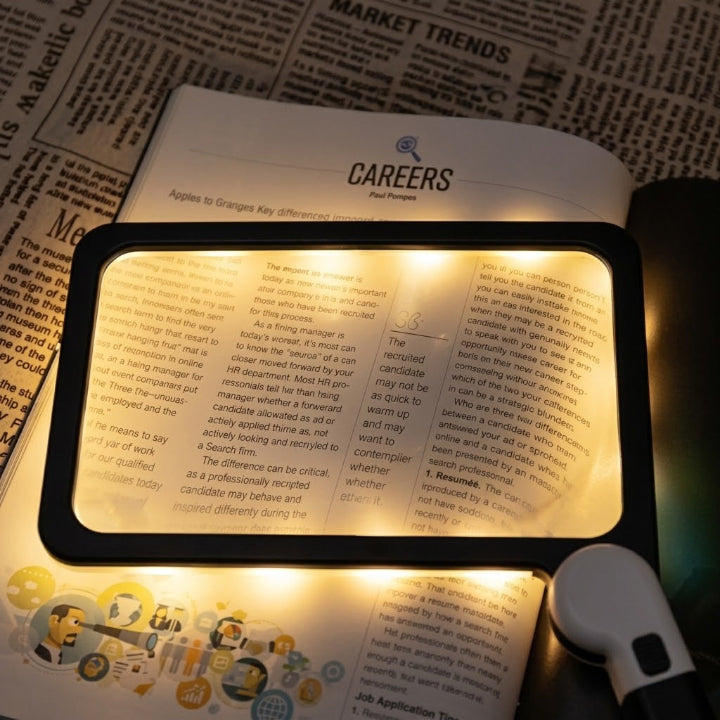 LED-es olvasónagyító — 5×-ös nagyítás, összecsukható kialakítás, 48 szabályozható fényerejű LED, 18.5 × 11.3 cm-es látófelület