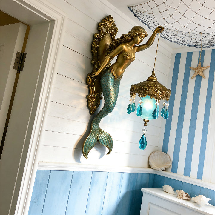 Mermaid Resin Wall Lamp With Glass Shade And Crystal Pendants, Indoor Ambient Light