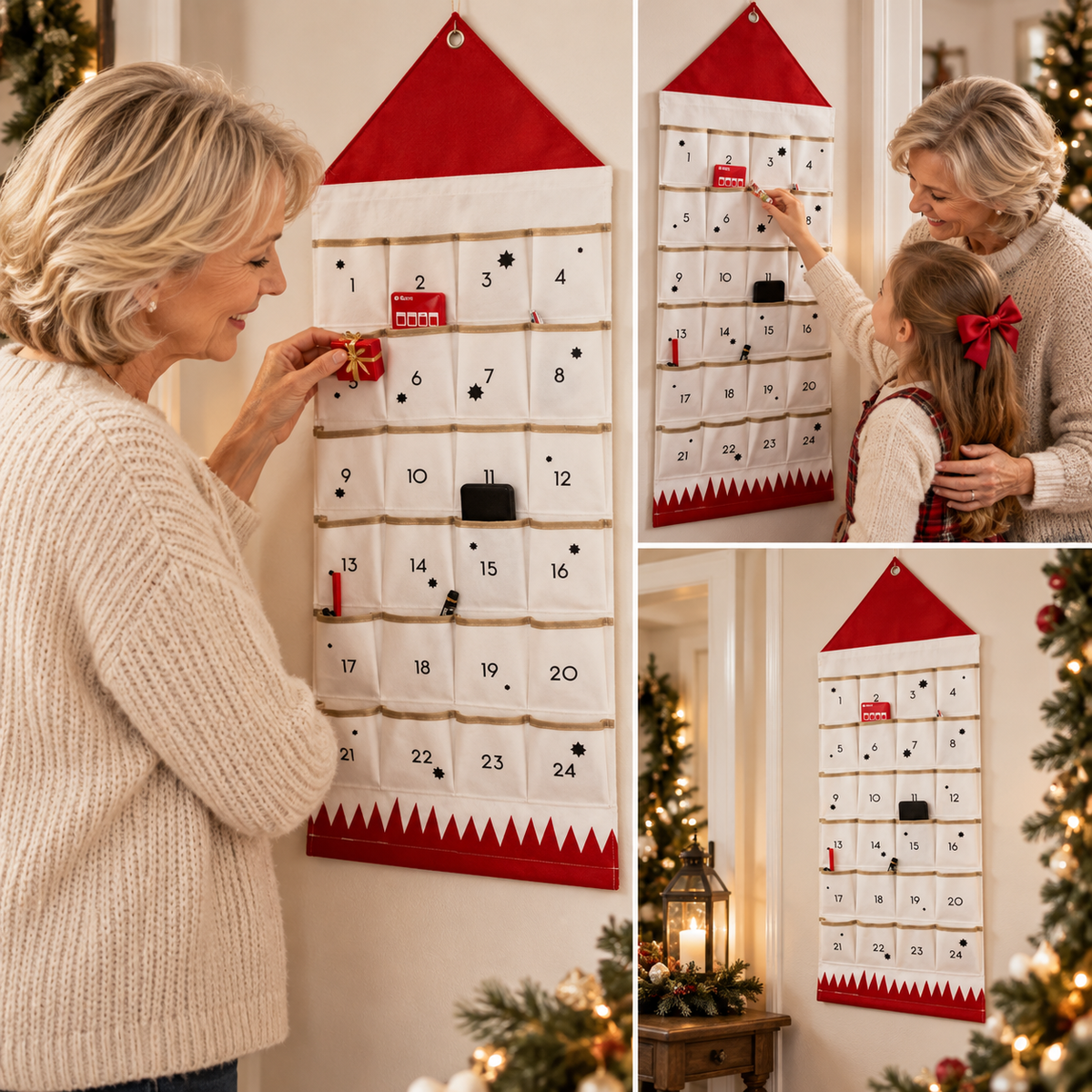 Adventskalender van stof om zelf te vullen — 24 afzonderlijke vakjes voor het aftellen in december