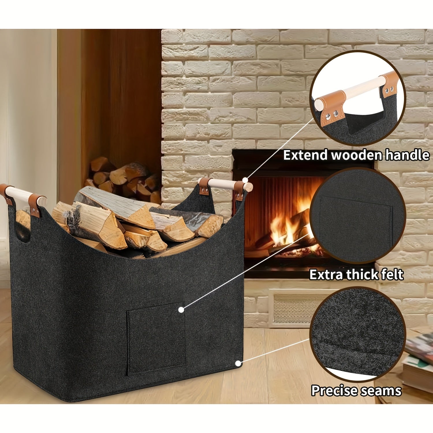 Large Felt Storage Basket For Firewood 55L For Fireplace And Stove