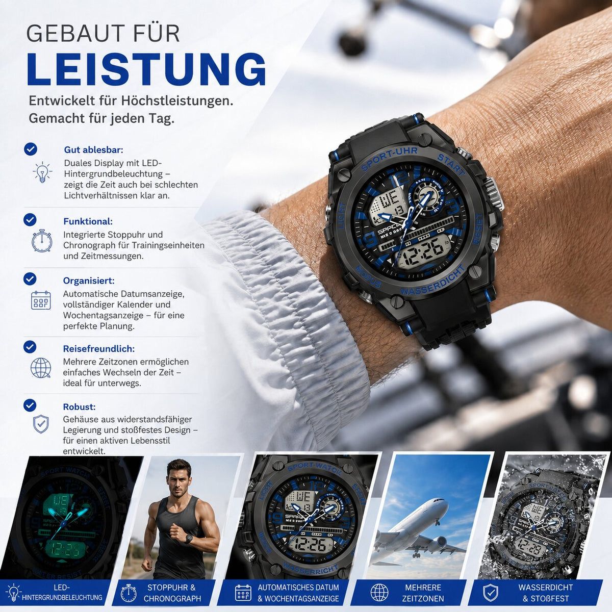 Chronostahl analoog-digitaal sporthorloge voor heren — Led-display, stopwatch en kalender