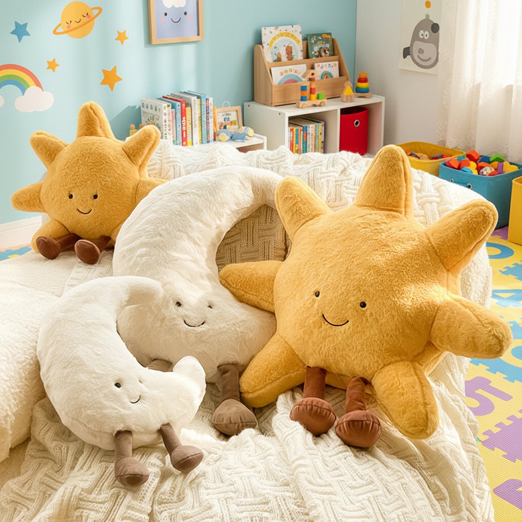 Coussin en peluche Lune et Soleil avec visage sympathique — Modèle Lune avec jambes pendantes, 33 ou 48 cm