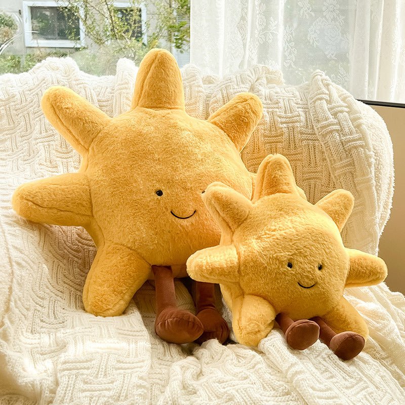 Coussin en peluche Lune et Soleil avec visage sympathique — Modèle Lune avec jambes pendantes, 33 ou 48 cm
