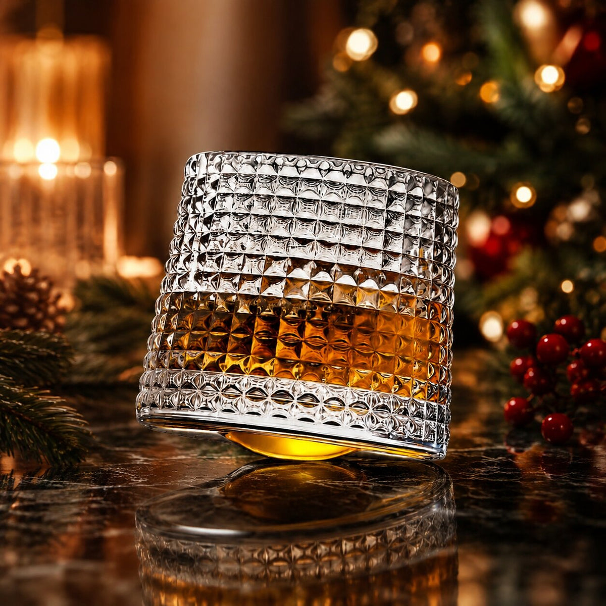 EdoDreh roterende whiskyglazenset met houten onderzetter — afgeronde draaiende voet