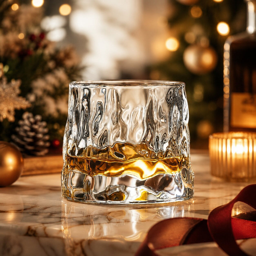 EdoDreh roterende whiskyglazenset met houten onderzetter — afgeronde draaiende voet