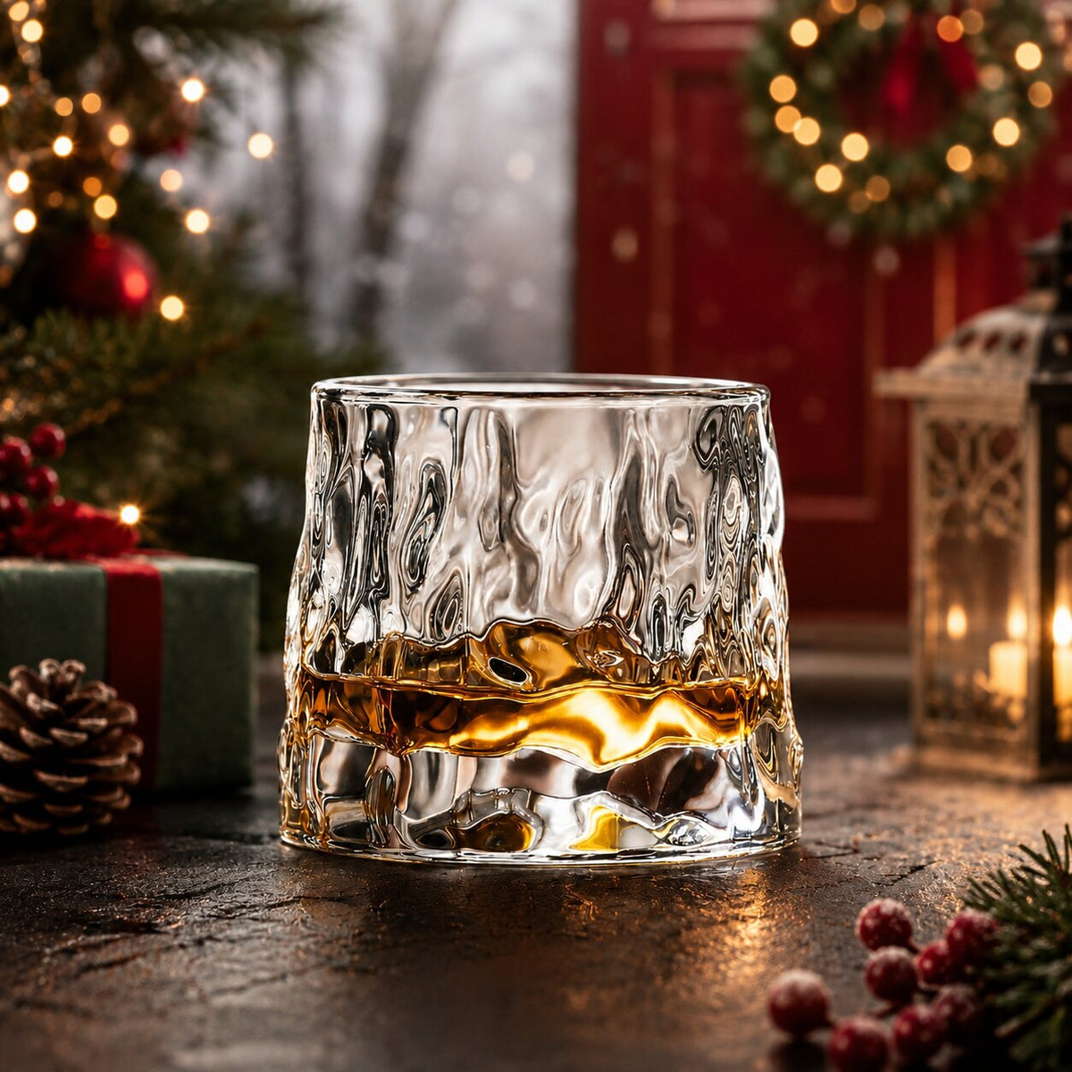 EdoDreh roterende whiskyglazenset met houten onderzetter — afgeronde draaiende voet