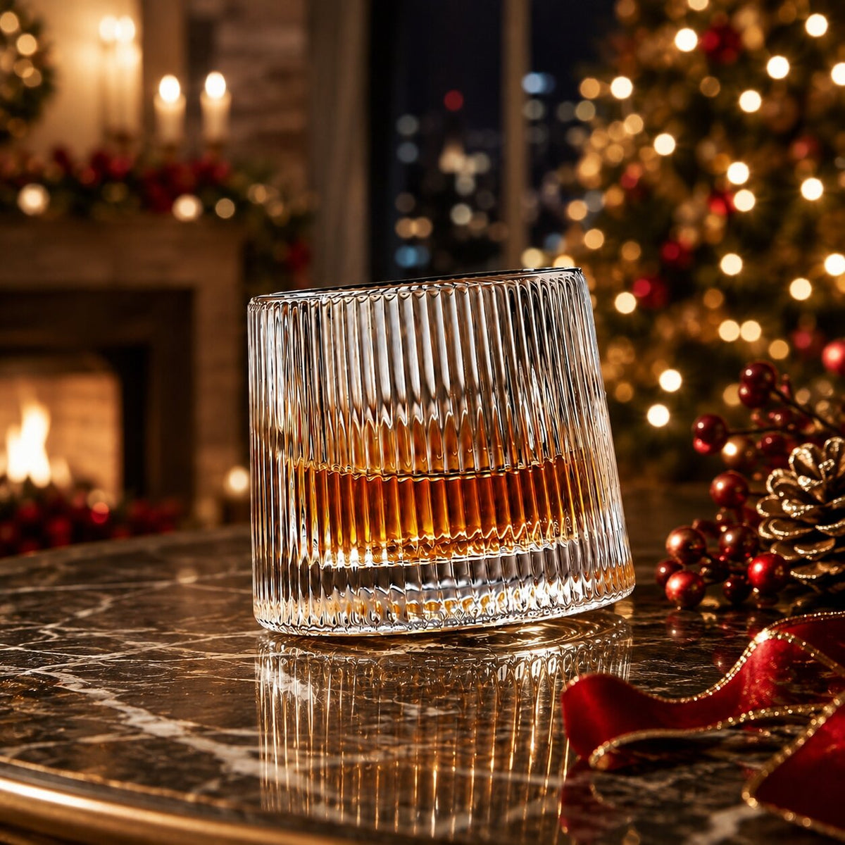 EdoDreh roterende whiskyglazenset met houten onderzetter — afgeronde draaiende voet