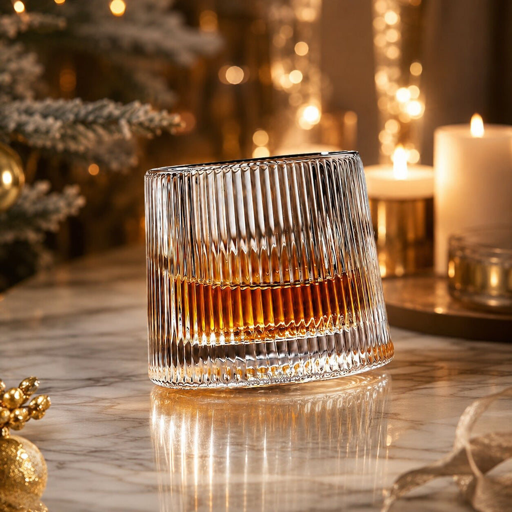 EdoDreh roterende whiskyglazenset met houten onderzetter — afgeronde draaiende voet