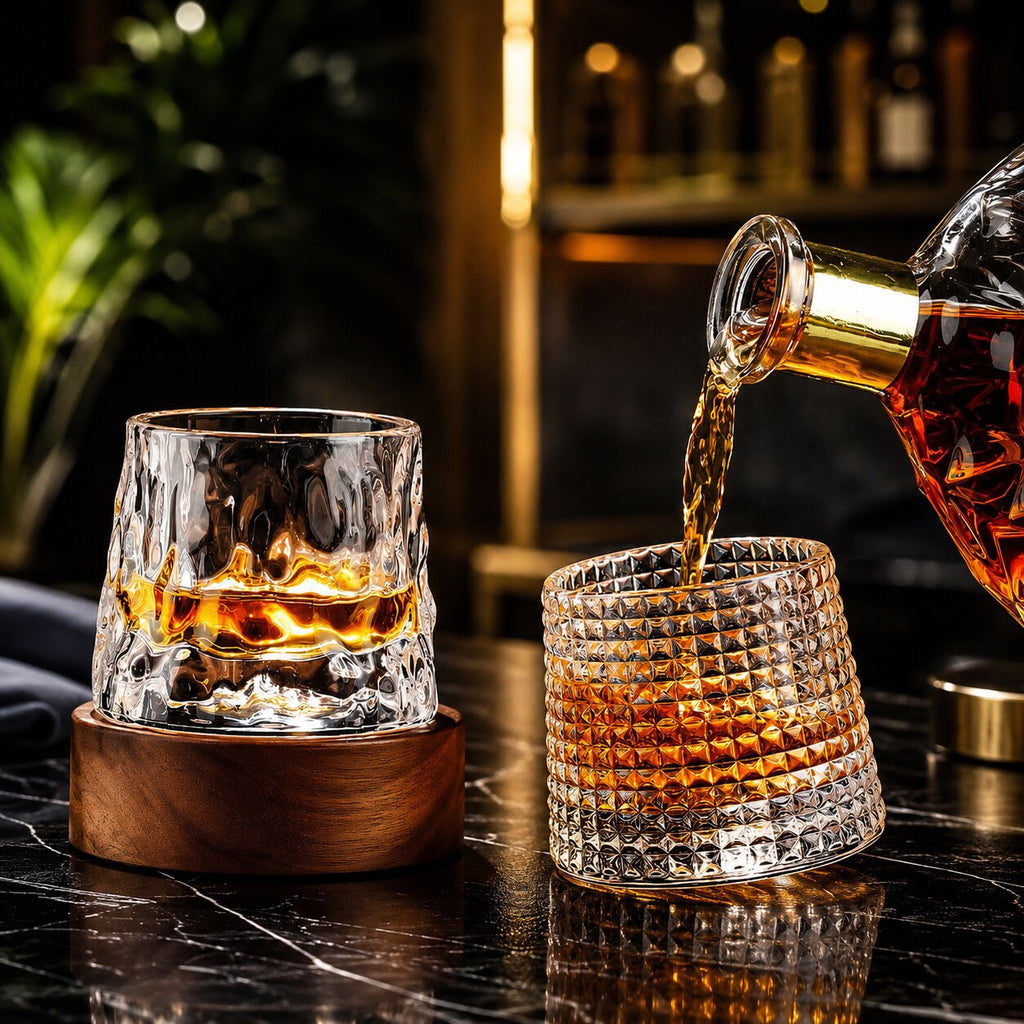 EdoDreh roterende whiskyglazenset met houten onderzetter — afgeronde draaiende voet