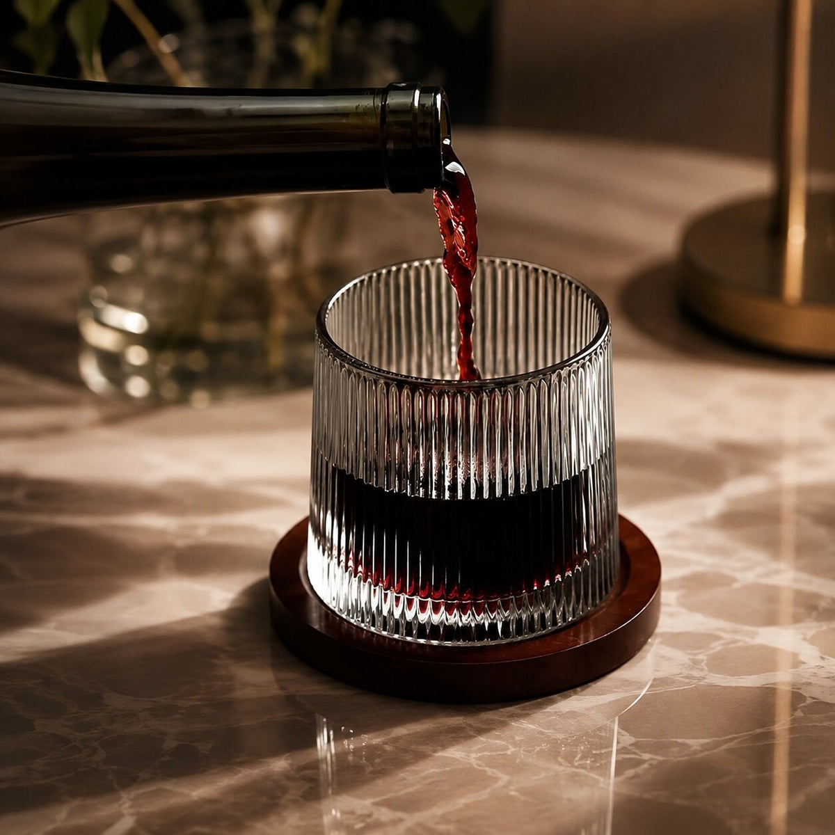 EdoDreh roterende whiskyglazenset met houten onderzetter — afgeronde draaiende voet