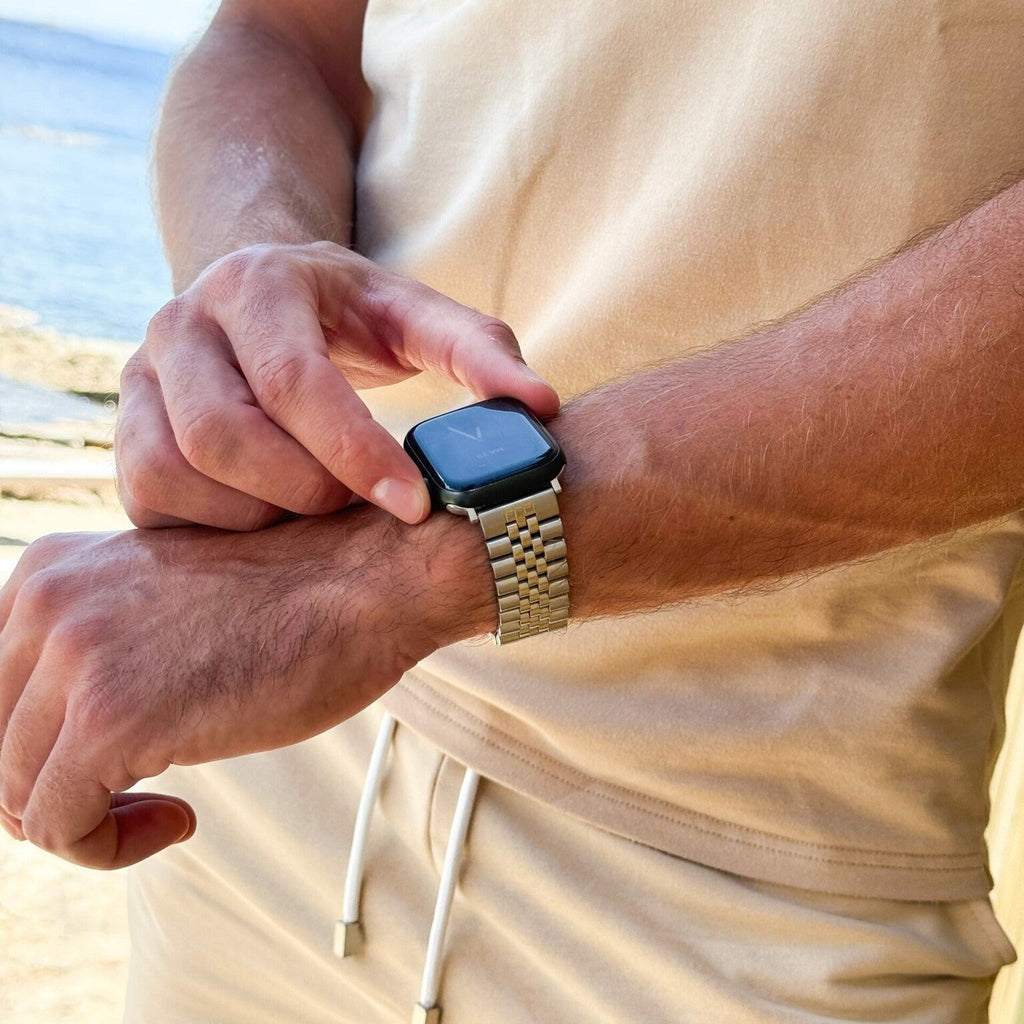 Jubiläums-Edelstahlarmband für die Apple Watch, silberfarben – fein poliertes Gliederdesign