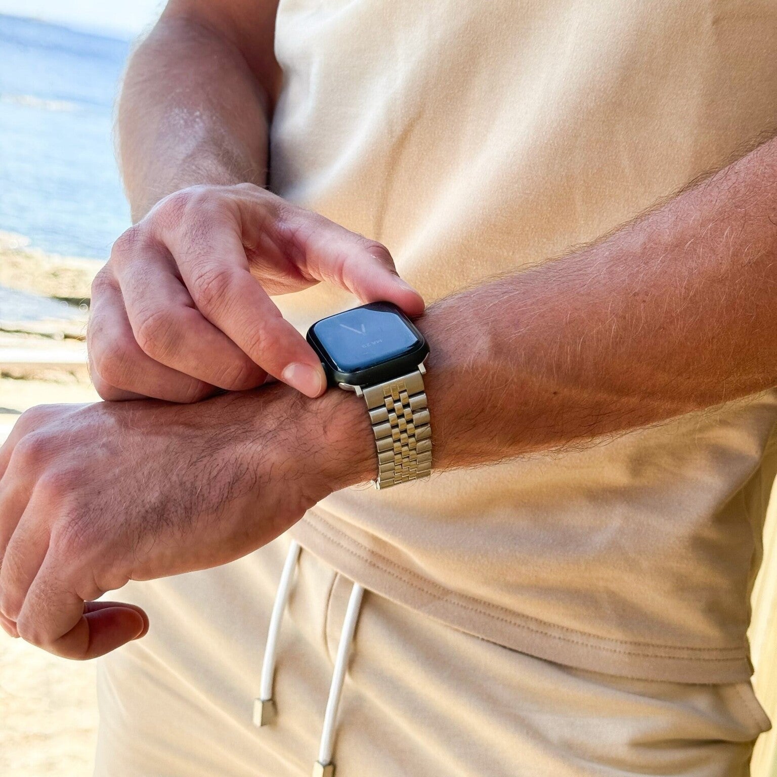 Jubiläums-Edelstahlarmband für die Apple Watch, silberfarben – fein poliertes Gliederdesign