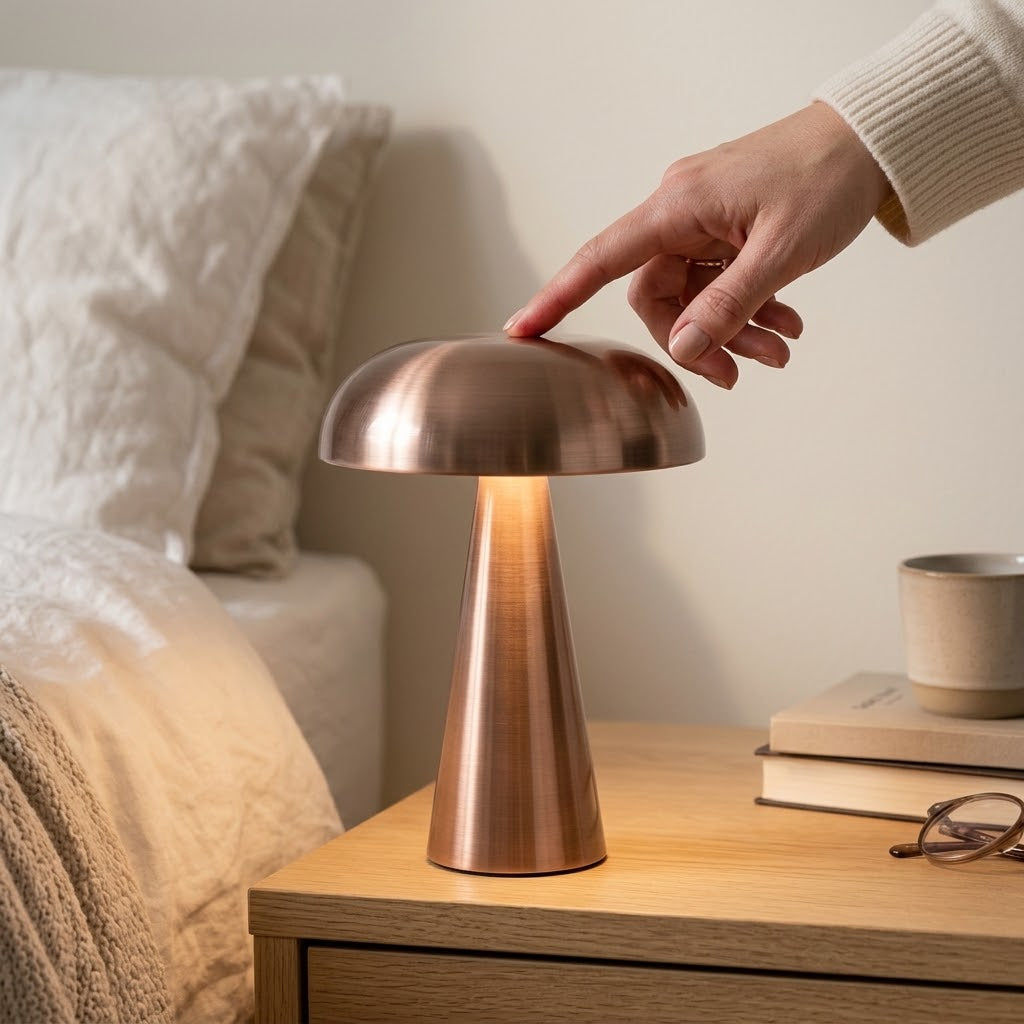 Kovová stolní lampa ve tvaru houby s dřevěnými prvky, bezdrátové provedení — teplá bílá 3000 K, výdrž baterie až 11 h