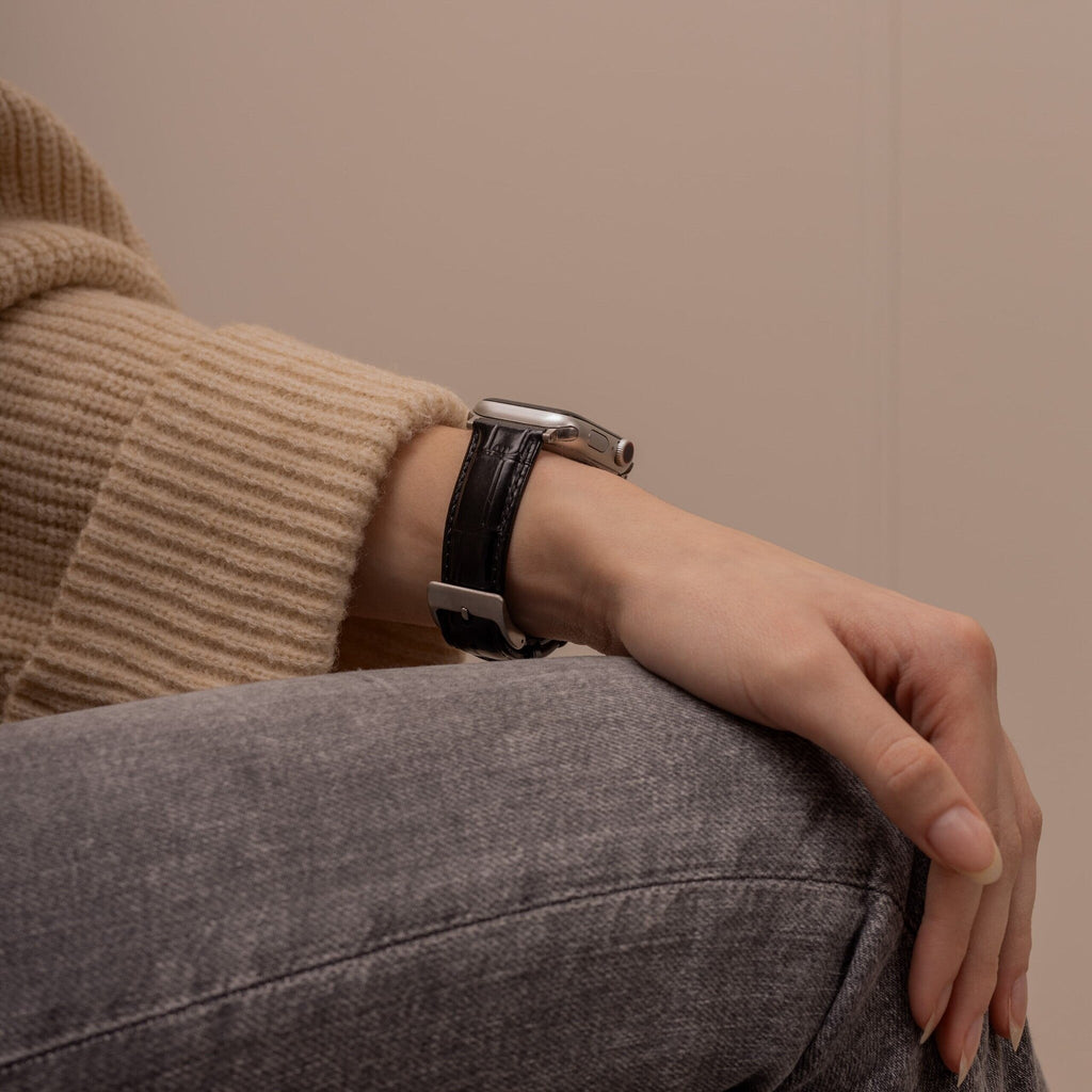 Apple Watch-sort læderrem — krokodillemønster