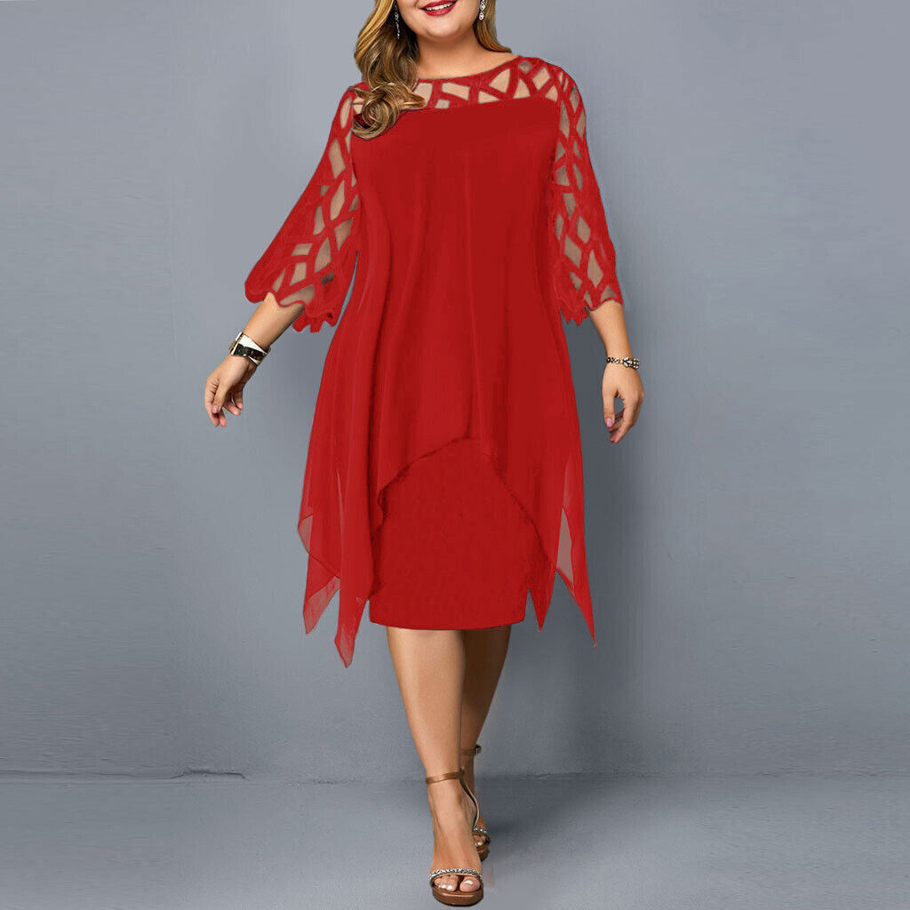 Vestido midi elegante de talla grande con mangas de encaje | Ka-mostore