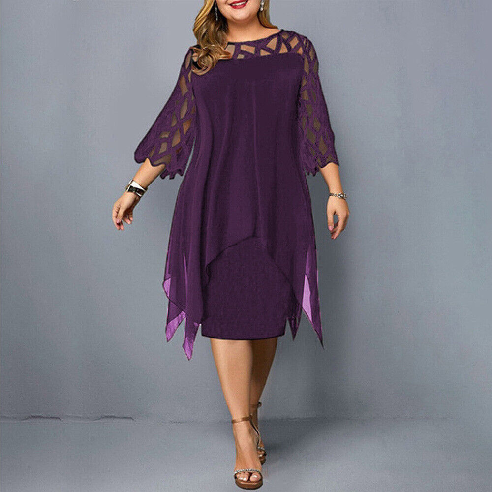 Vestido midi elegante de talla grande con mangas de encaje | Ka-mostore