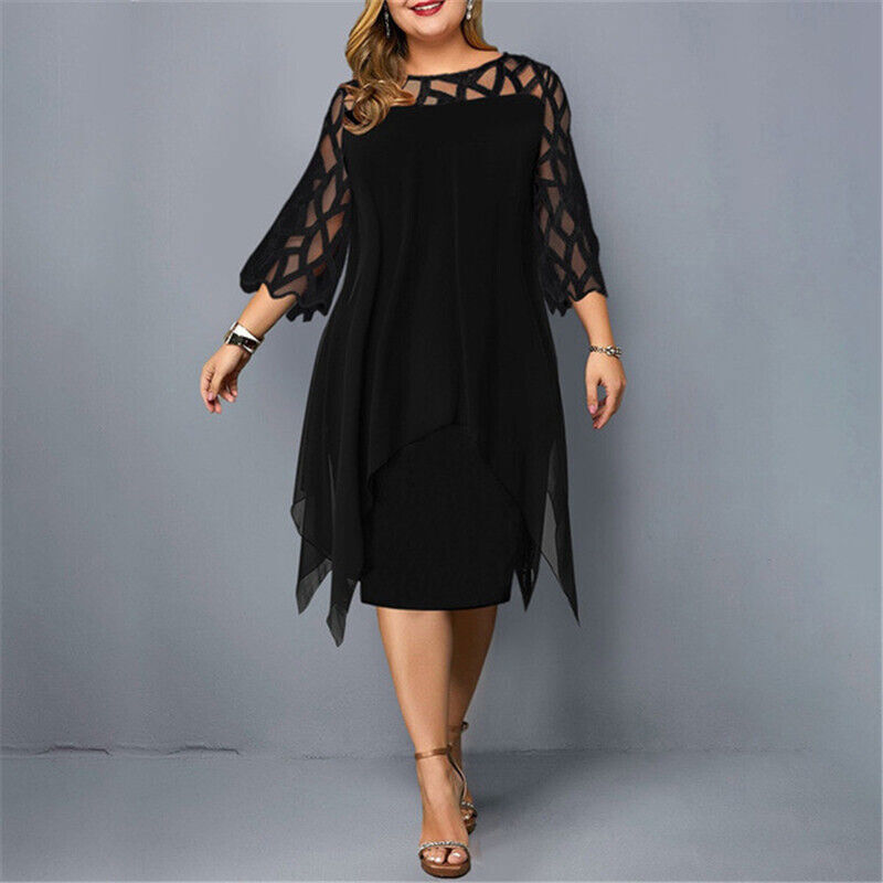 Vestido midi elegante de talla grande con mangas de encaje | Ka-mostore