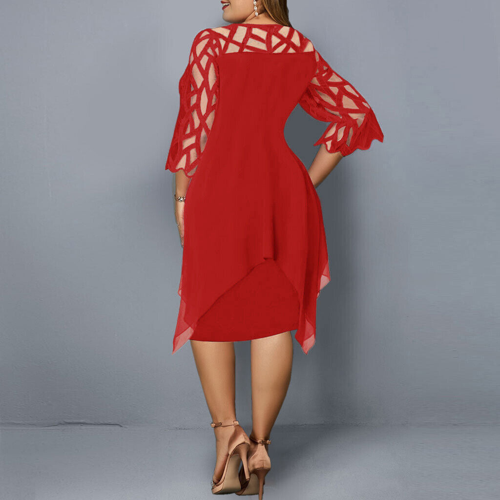 Vestido midi elegante de talla grande con mangas de encaje | Ka-mostore