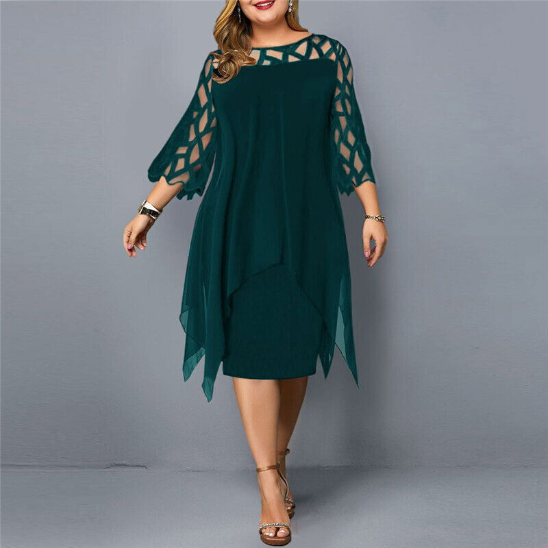 Vestido midi elegante de talla grande con mangas de encaje | Ka-mostore