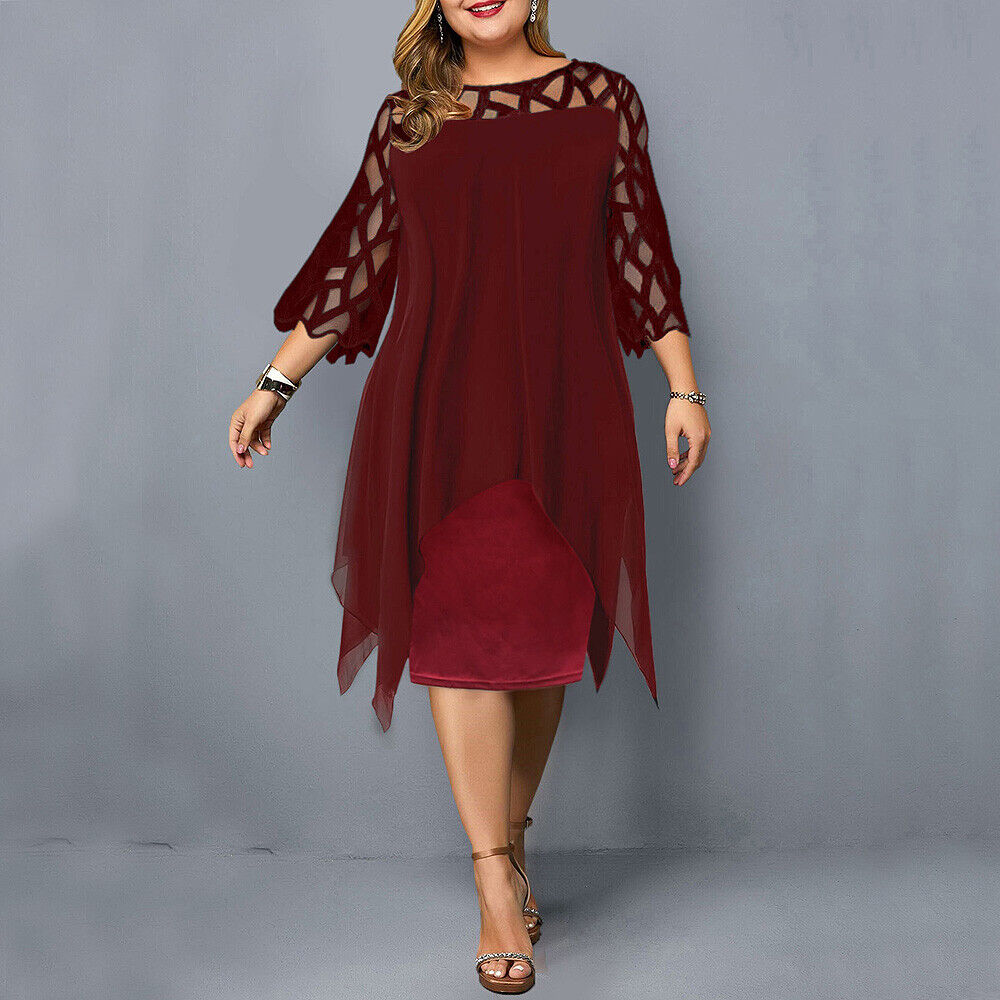Vestido midi elegante de talla grande con mangas de encaje | Ka-mostore