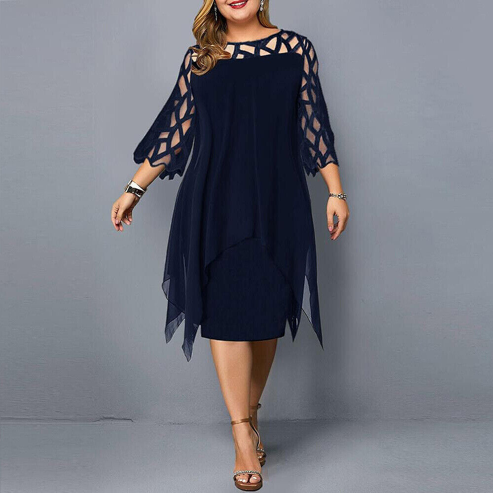 Vestido midi elegante de talla grande con mangas de encaje | Ka-mostore