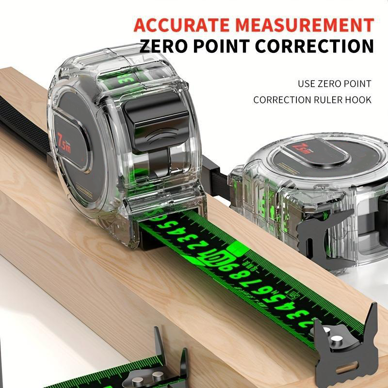 Mètre ruban lumineux vert néon — Repères laser recto verso, crochet zéro autobloquant