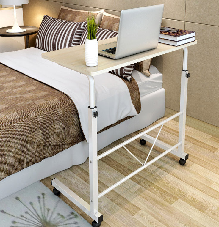 Mobile Laptop Desk On Wheels Height Adjustable With White Steel Frame And Wood Top