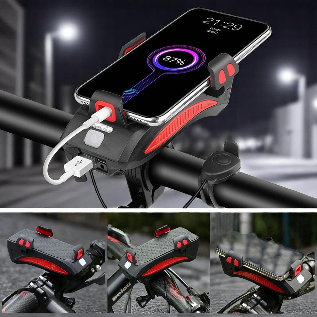 Far frontal PowerRide pentru bicicletă — Suport de telefon și baterie externă integrate