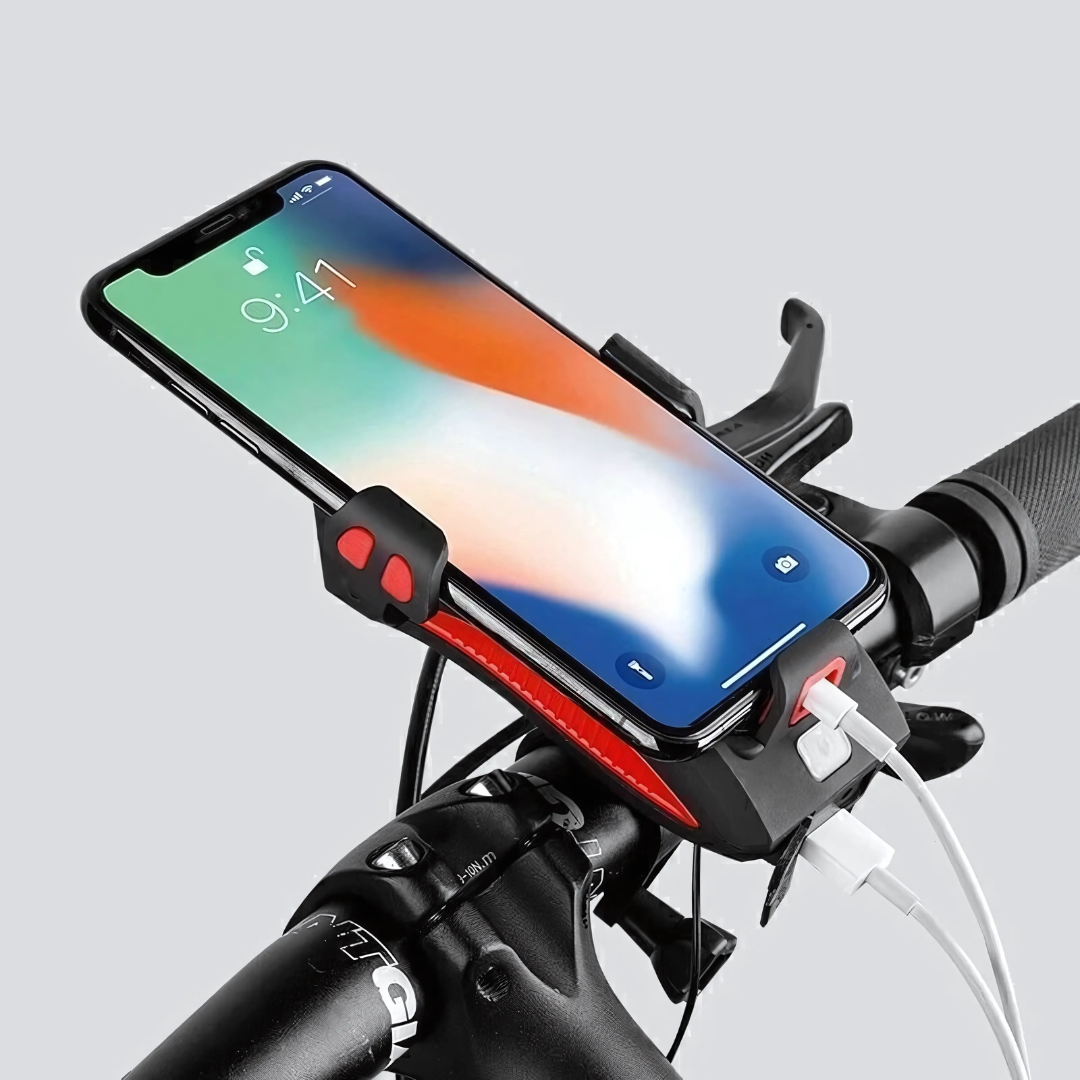 Far frontal PowerRide pentru bicicletă — Suport de telefon și baterie externă integrate