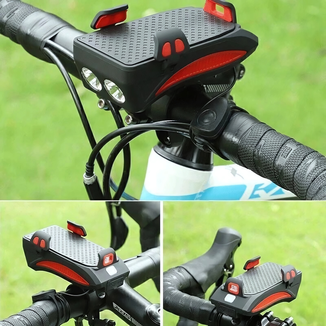 Far frontal PowerRide pentru bicicletă — Suport de telefon și baterie externă integrate