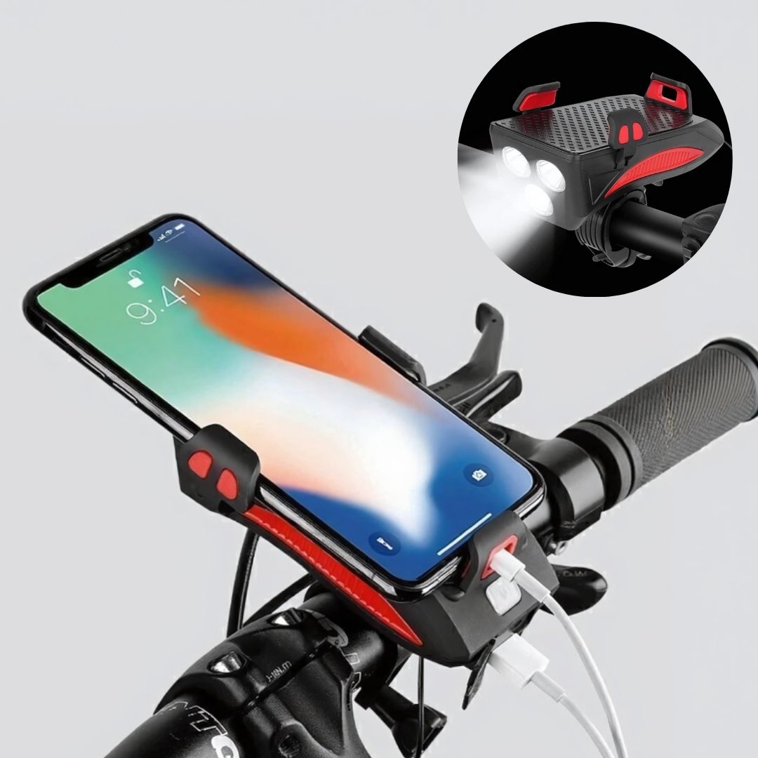 Far frontal PowerRide pentru bicicletă — Suport de telefon și baterie externă integrate