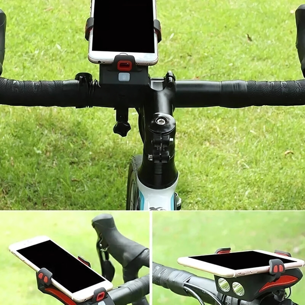 Far frontal PowerRide pentru bicicletă — Suport de telefon și baterie externă integrate