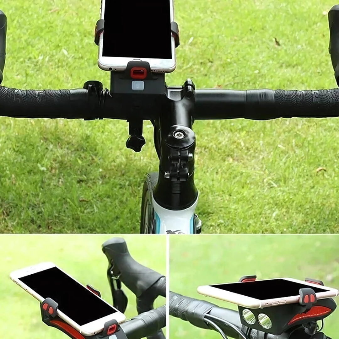Far frontal PowerRide pentru bicicletă — Suport de telefon și baterie externă integrate