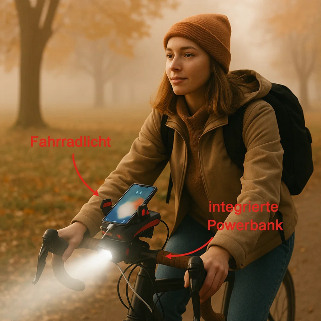 Far frontal PowerRide pentru bicicletă — Suport de telefon și baterie externă integrate