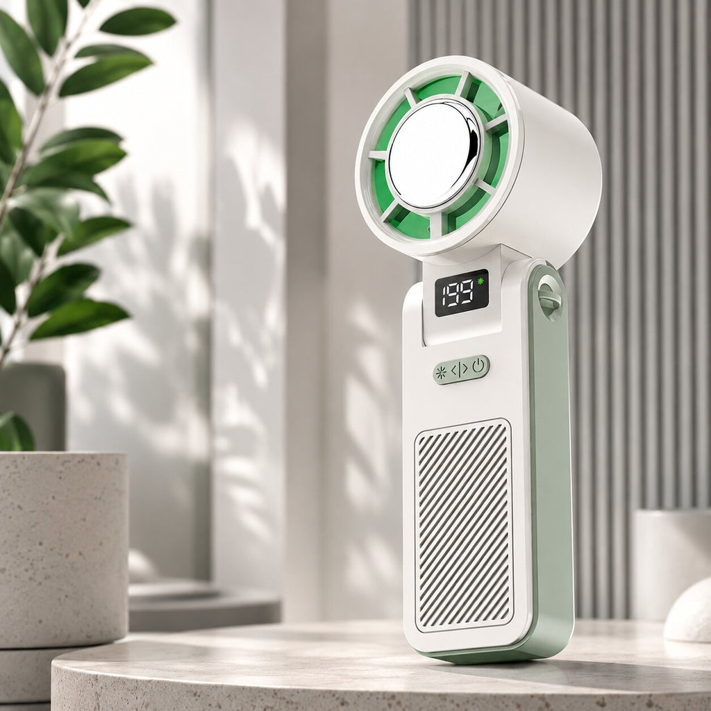 Ventilador de mano plegable Kryolux — Pantalla LED, 100 niveles de flujo de aire