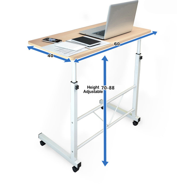 Mobile Laptop Desk On Wheels Height Adjustable With White Steel Frame And Wood Top