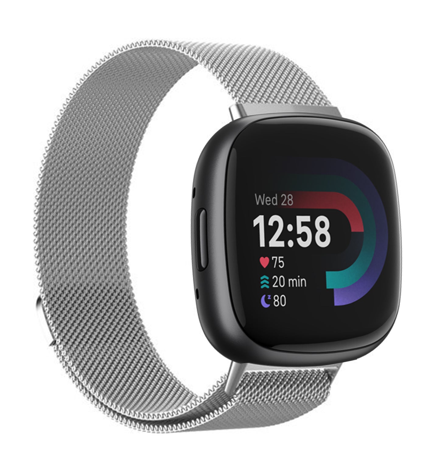 Edice Silver Finish s milánským řemínkem pro Fitbit Versa 4 — magnetická spona