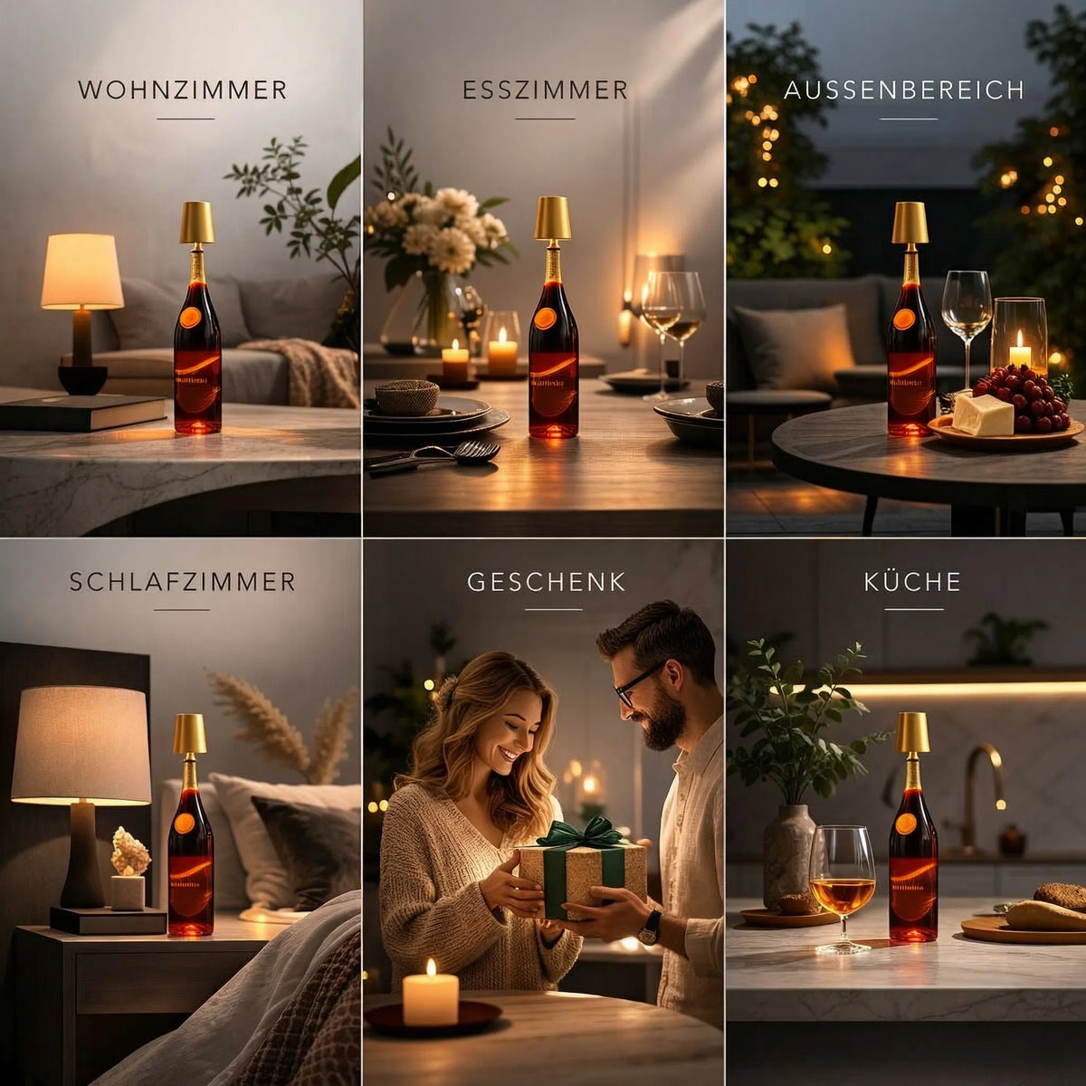 LumiBottle ledningsfri bordlampe formet som en flaske — varmt stemningslys, ingen installation