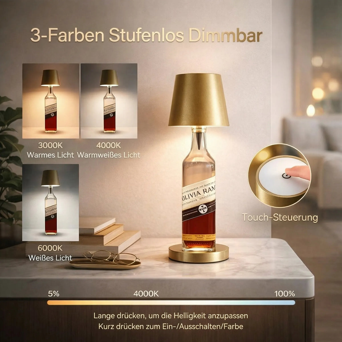LumiBottle ledningsfri bordlampe formet som en flaske — varmt stemningslys, ingen installation