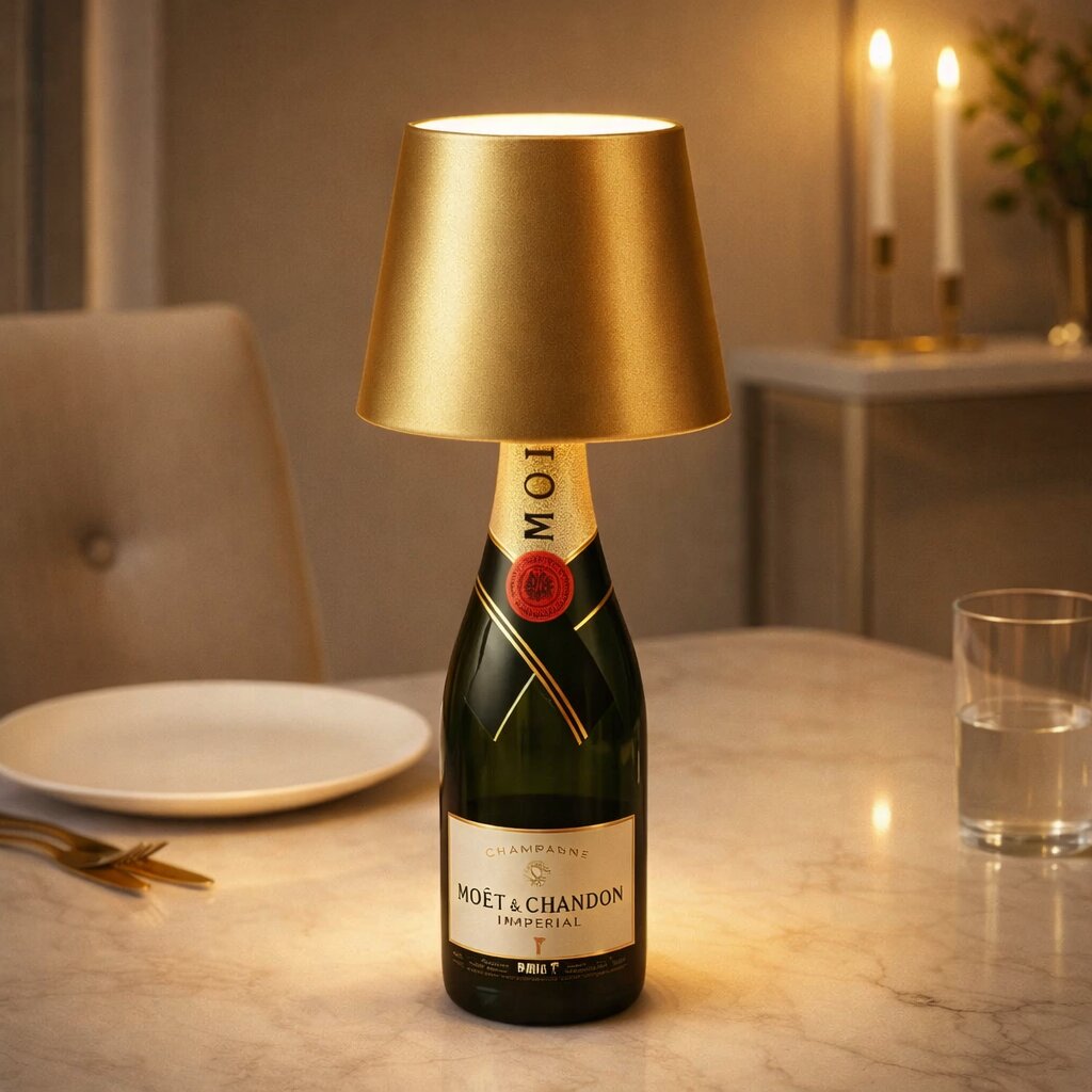 LumiBottle ledningsfri bordlampe formet som en flaske — varmt stemningslys, ingen installation
