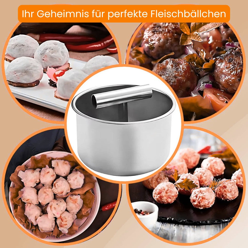 FleischKugel húsgolyó- és falafel-formázó — rozsdamentes acél, 6 vagy 12 egyforma méretű adaghoz