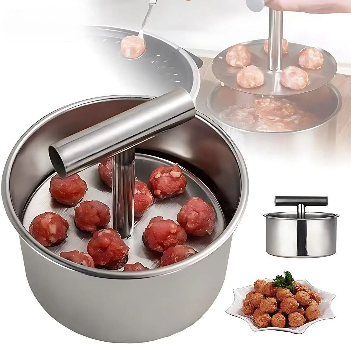 FleischKugel húsgolyó- és falafel-formázó — rozsdamentes acél, 6 vagy 12 egyforma méretű adaghoz